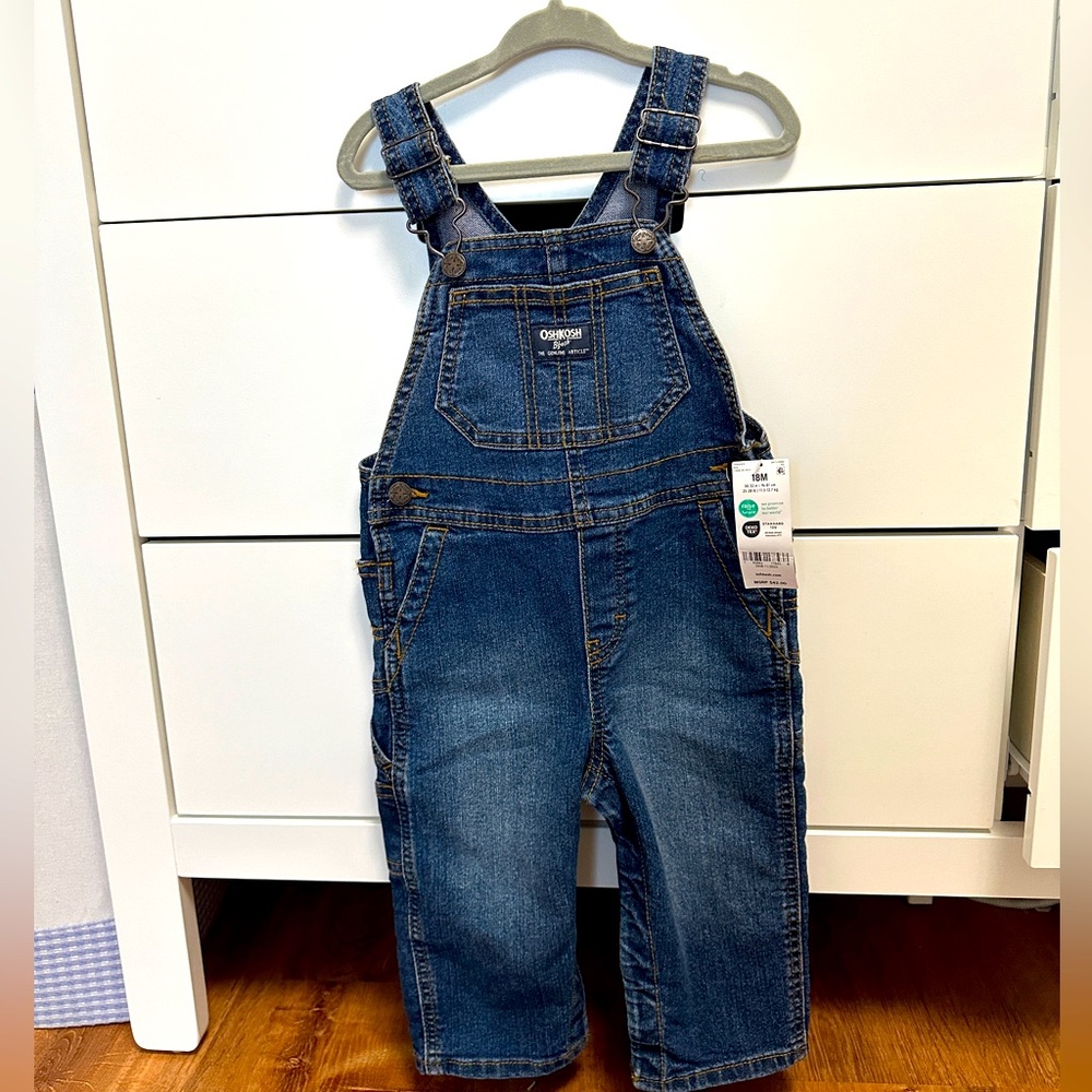 Oshkosh B’gosh toddler denim blue overalls, 18 months.